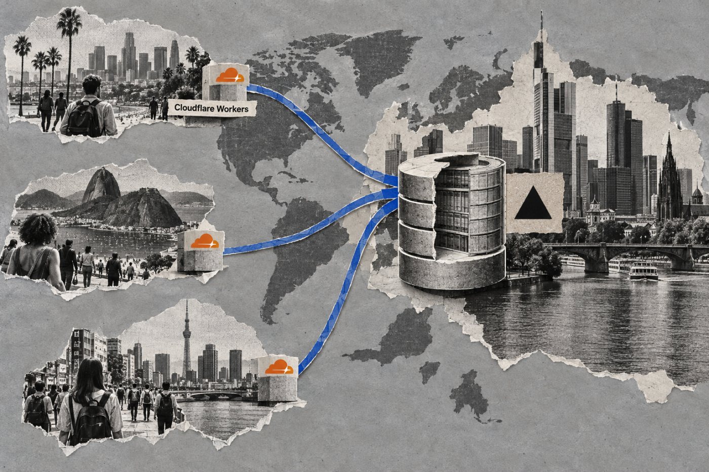 מיקום Cloudflare Workers ו־Vercel Functions ביחס למשתמשים גלובליים ולמסד נתונים בפרנקפורט.