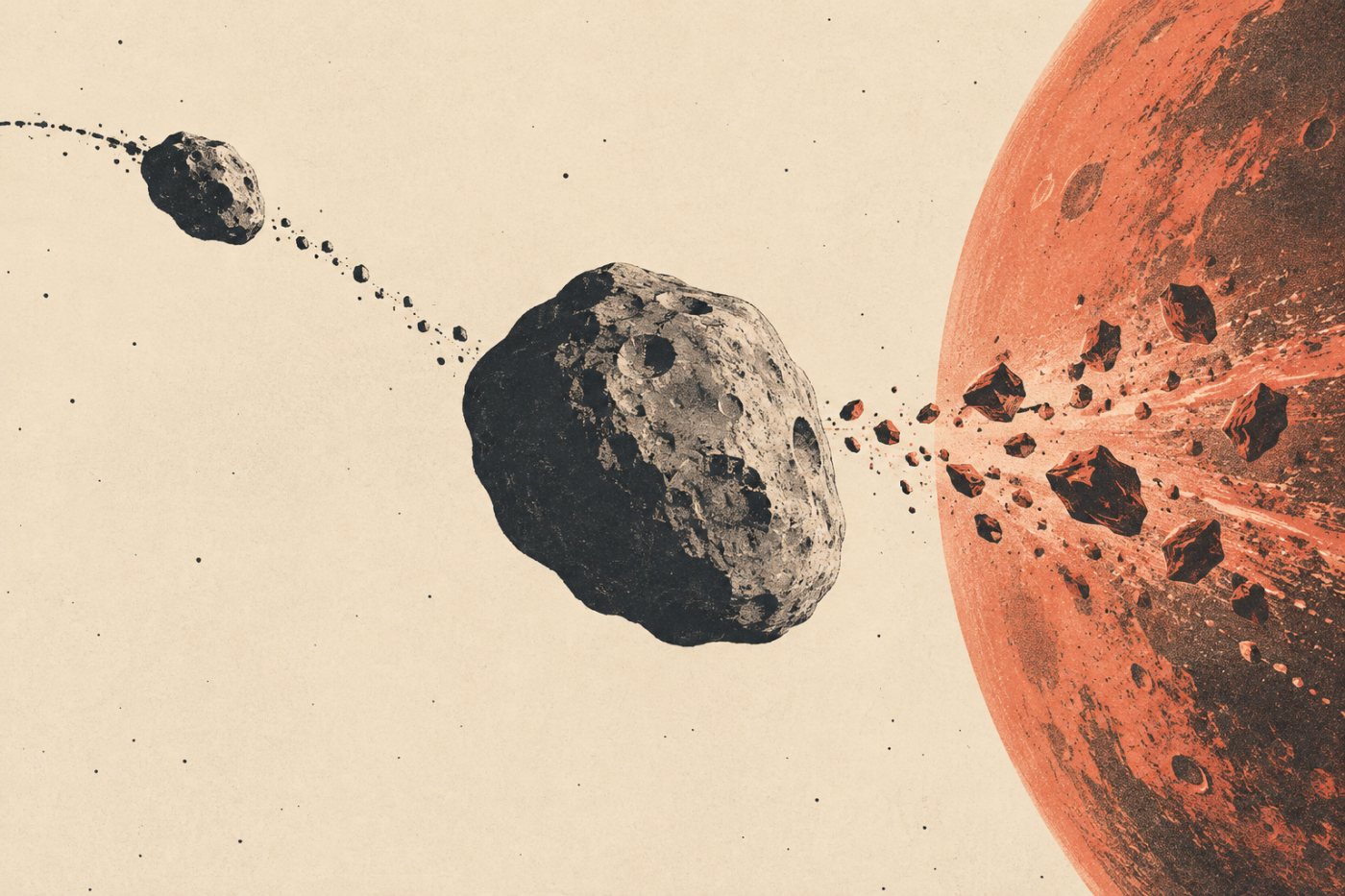 Dve skúmané možnosti pôvodu Phobosu: zachytený asteroid alebo materiál vzniknutý pri dávnej zrážke pri Marse.