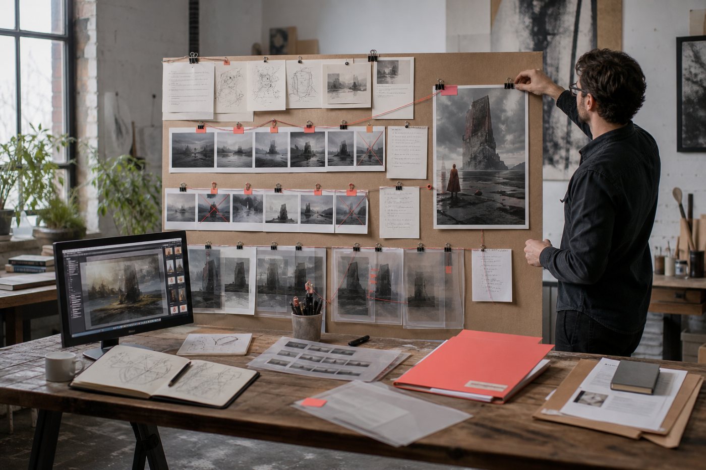 Expediente creativo con borradores, salidas de IA, versiones, decisiones y licencias de una obra final.