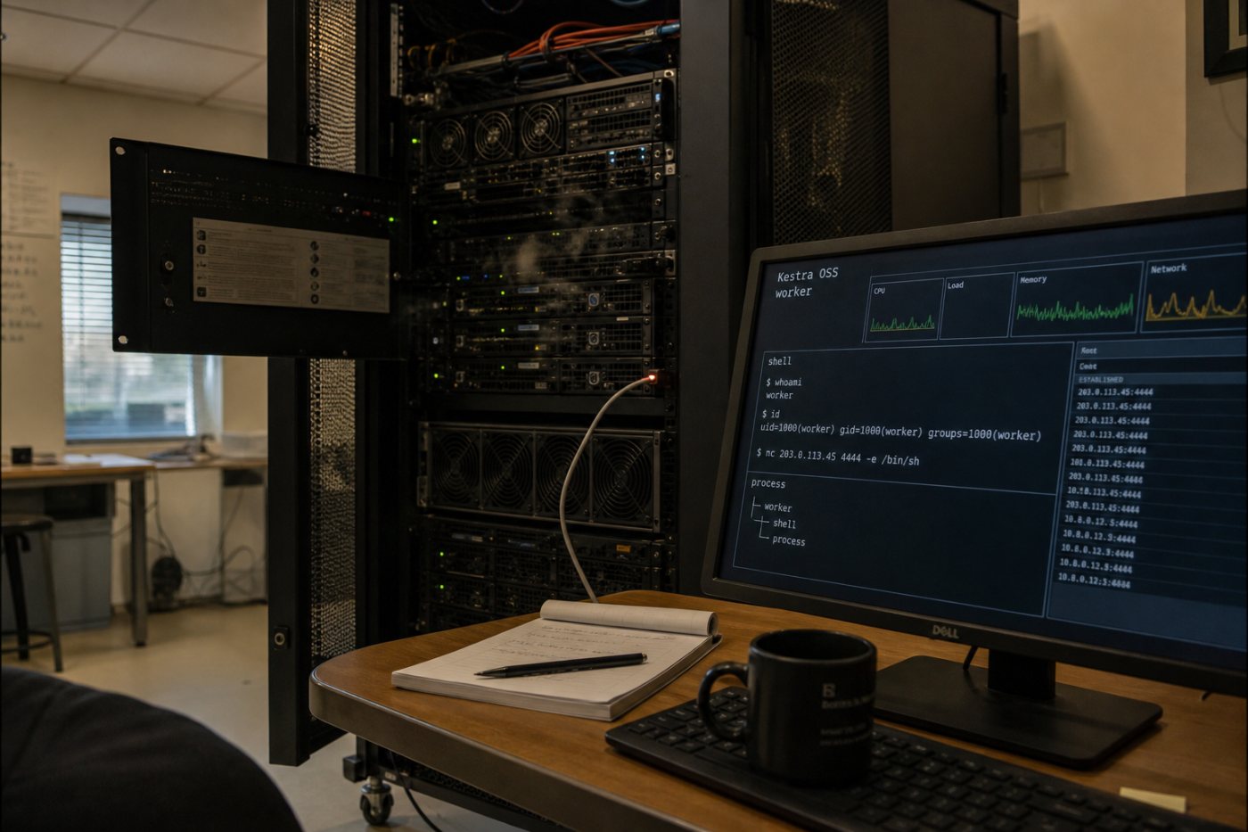 Workflow Kestra yang tidak sah memicu reverse shell, pengintaian container, dan proses penambangan kripto.