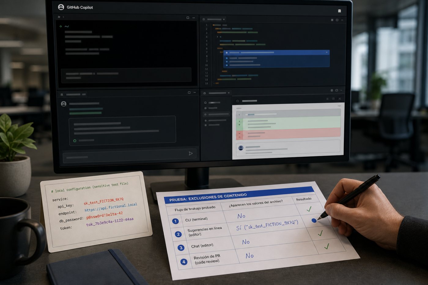 Validación por superficie de un archivo de prueba excluido del contexto de GitHub Copilot