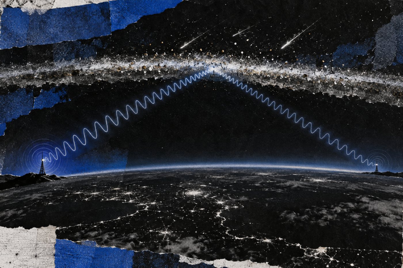 Metais ionizados de meteoros formam uma camada E esporádica que reflete uma transmissão de rádio para uma região distante.