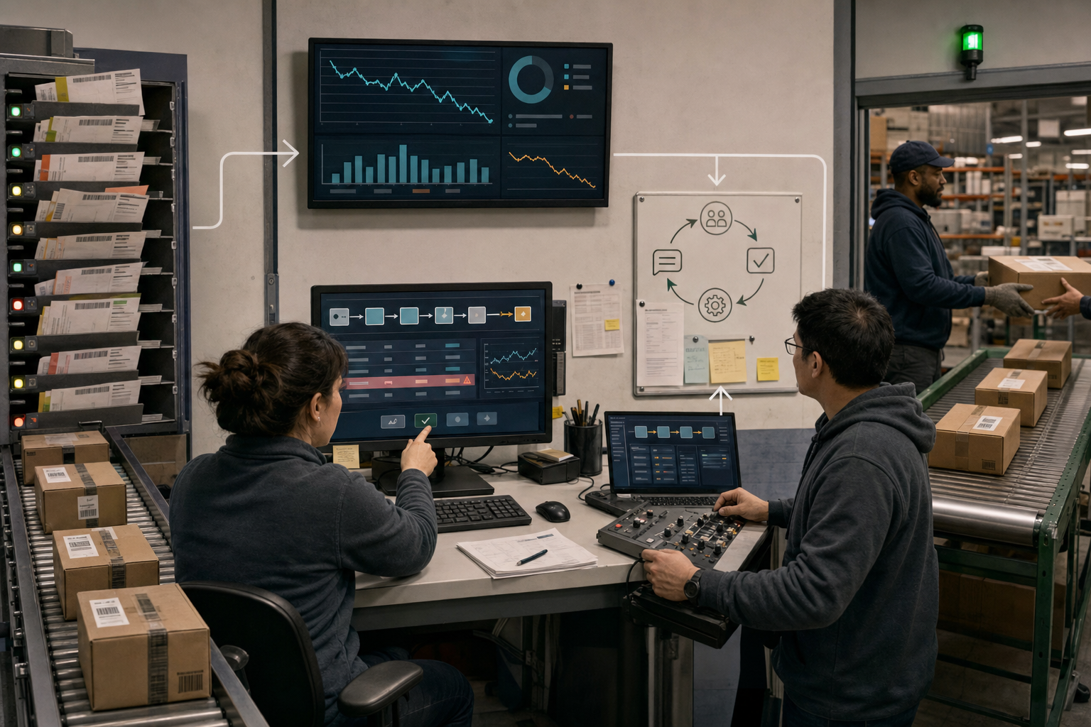 An AI agent processes customer orders under human supervision while monitoring and feedback improve the workflow.