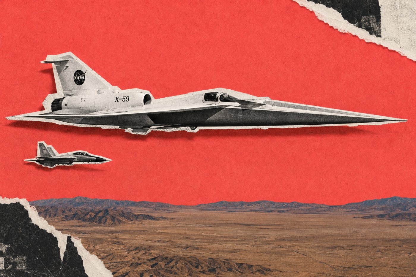 Le NASA X-59 vole au-dessus du désert californien sous la surveillance d’un avion d’accompagnement.
