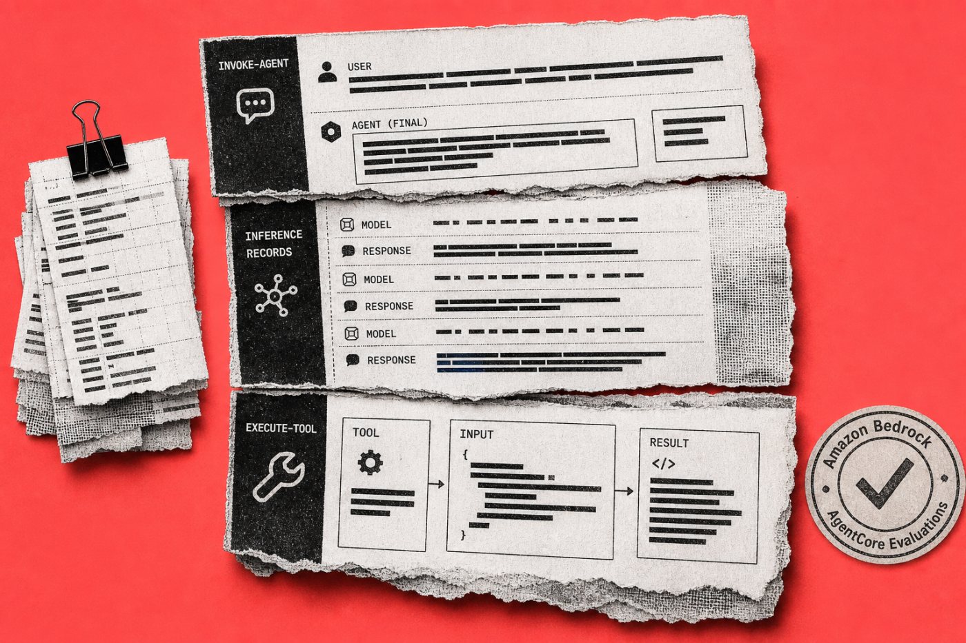 AgentCore Evaluations अलग ढाँचों के invoke agent, inference और execute tool अभिलेखों से पूरा सत्र बनाता है।