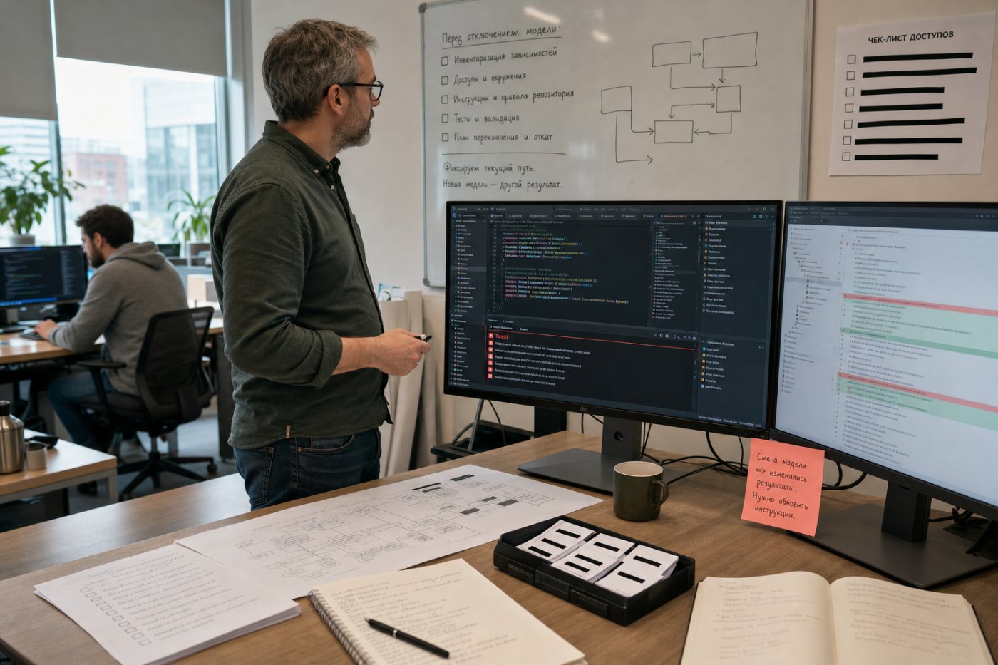 Агент Cursor выполняет многофайловое изменение, а тесты выявляют различия после замены модели OpenAI.