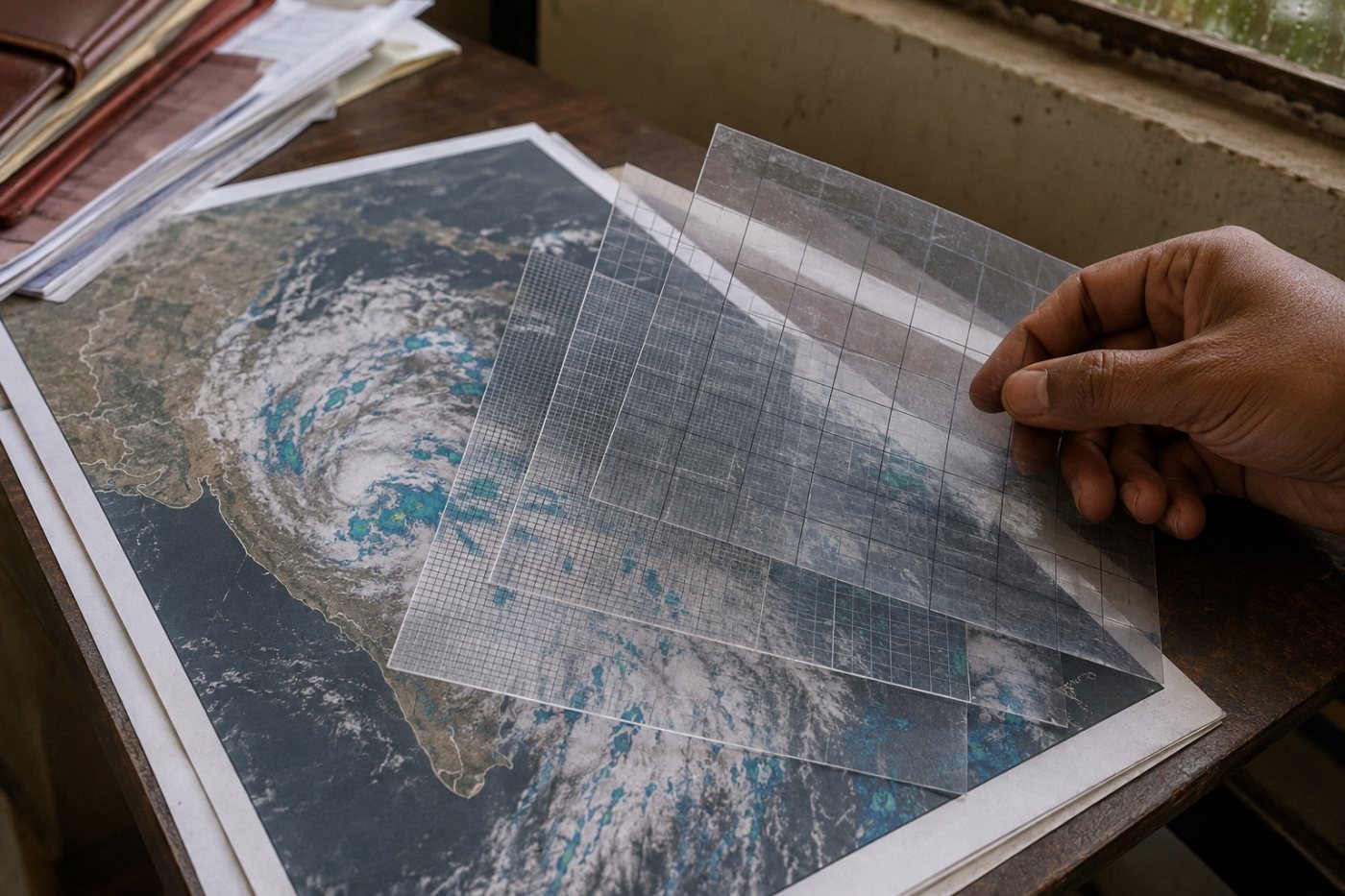 भारत के एक मौसम तंत्र पर WeatherNext 3 के 5, 10 और 25 किलोमीटर वाले अलग-अलग पूर्वानुमान पैमाने
