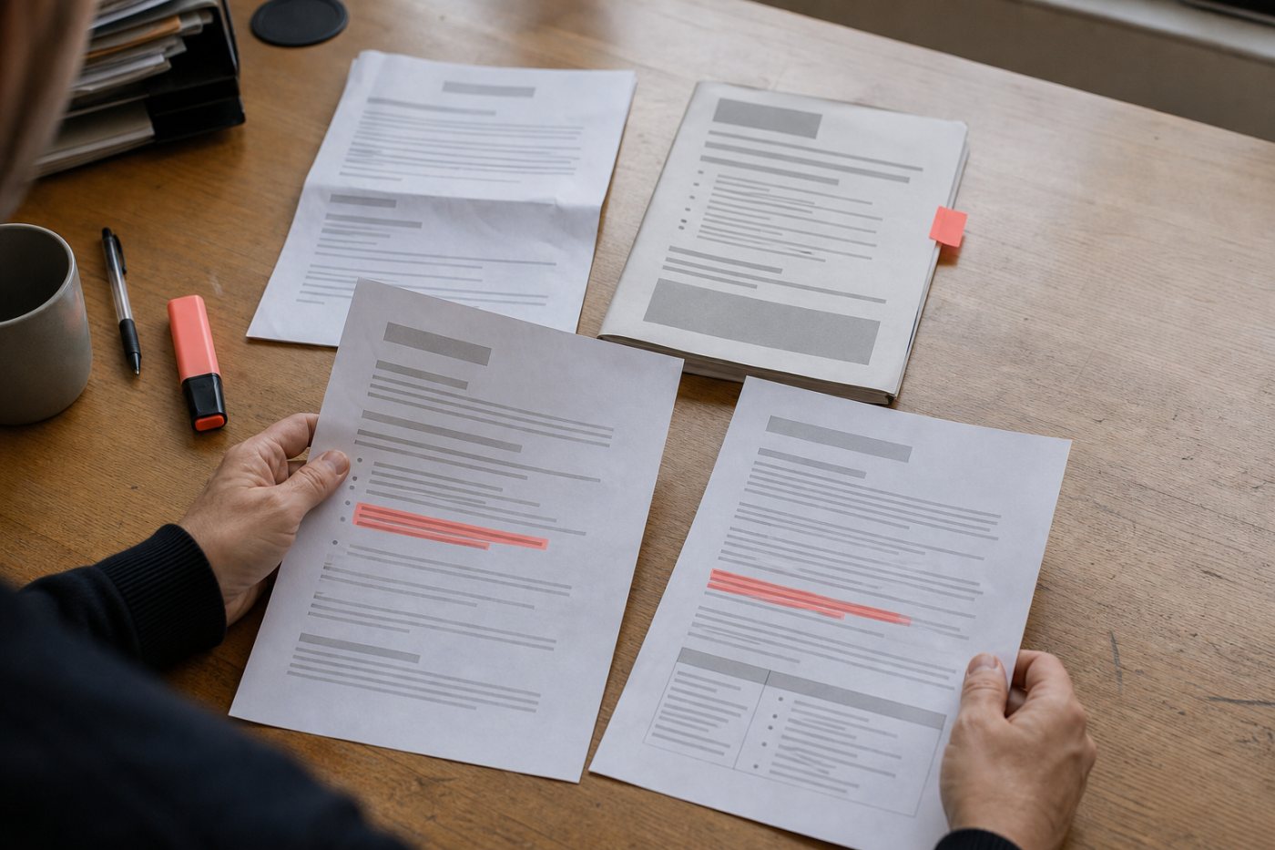 Trabajador compara contrato, políticas y respuestas de la empresa antes de reclamar por la supervisión del correo.