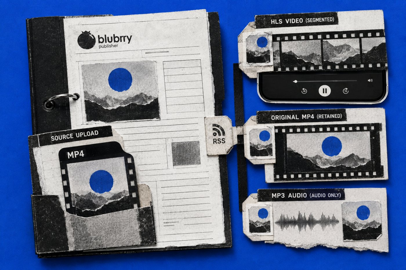One MP4 episode in Blubrry Publisher produces HLS video, the original video and an MP3 within one feed.