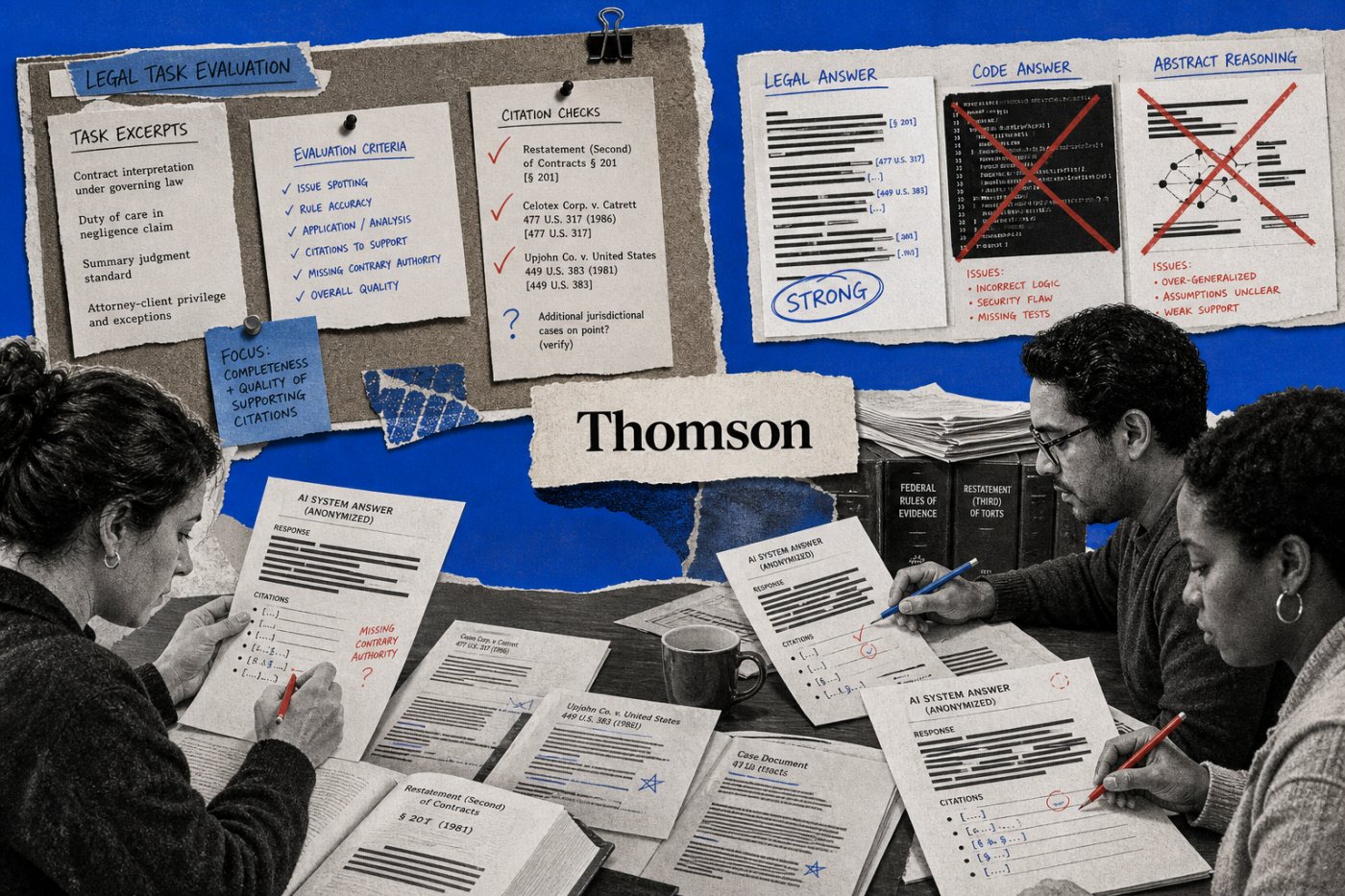 Evaluación comparativa de Thomson que contrasta respuestas jurídicas y citas, junto con resultados desiguales en capacidades generales.