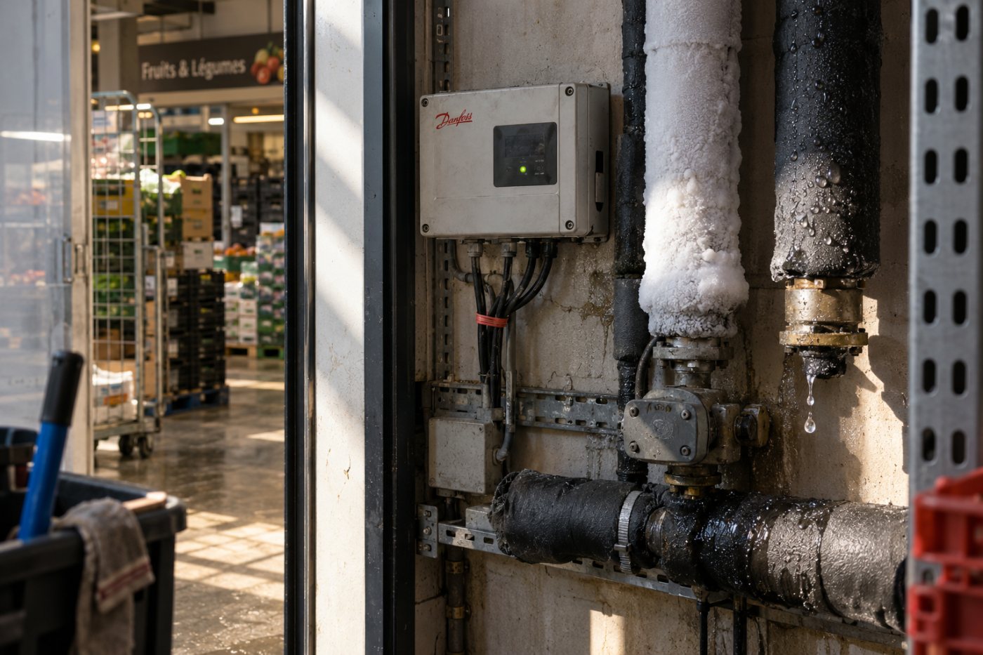 Upravljački modul rashladnog sustava u francuskom supermarketu povezan s opremom za hlađenje.
