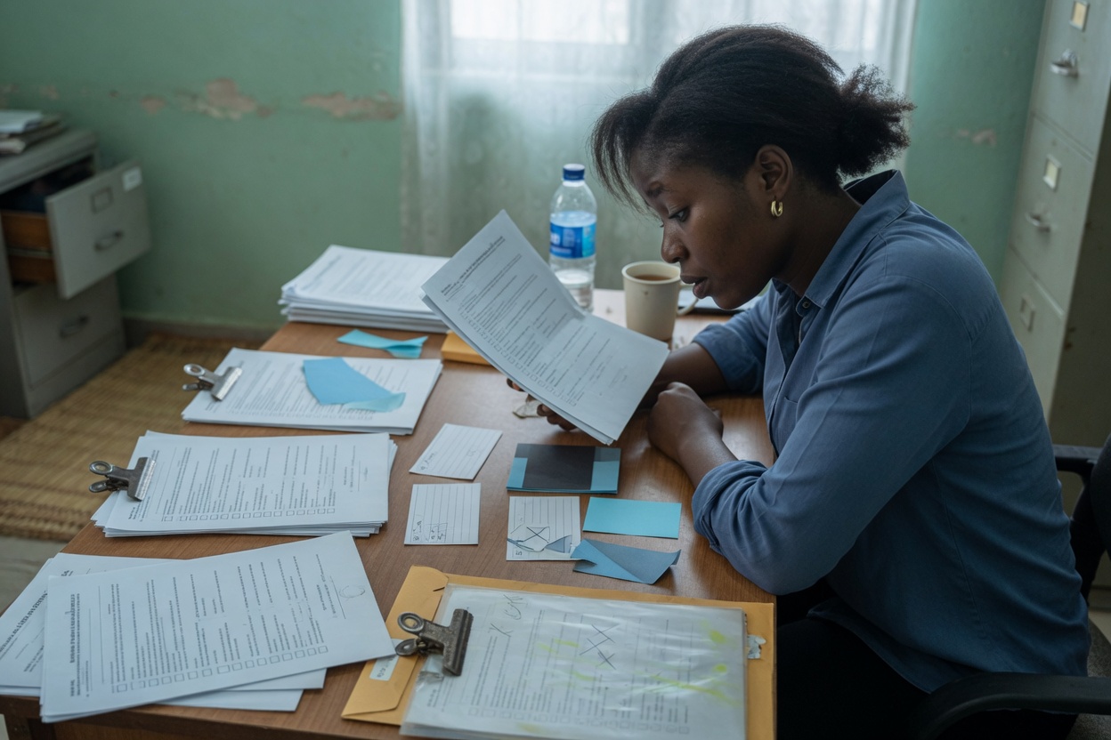 African researcher reviewing printed eligibility documents for the AI lab program