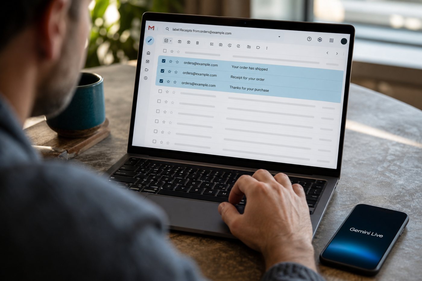 Gemini Live narrows and confirms a Gmail message set before applying an archive or delete command.