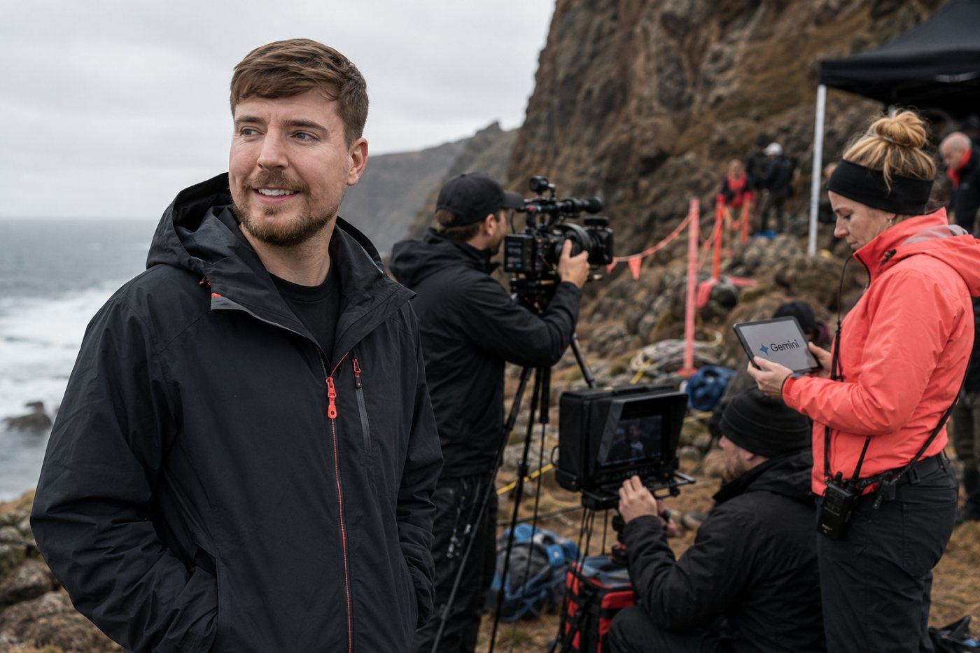 L’équipe humaine filme et monte le défi tandis que Gemini intervient dans la recherche et la logistique.