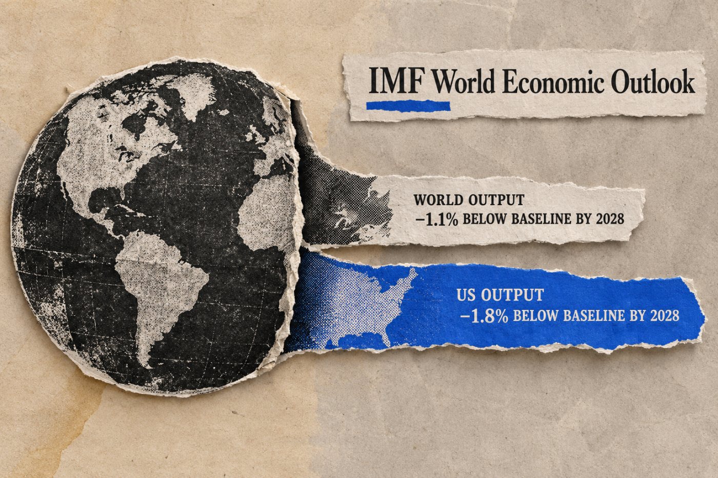 Paghahambing sa downside scenario ng IMF: 1.1% na mas mababang global GDP at 1.8% na mas mababang US output laban sa baseline sa 2028.