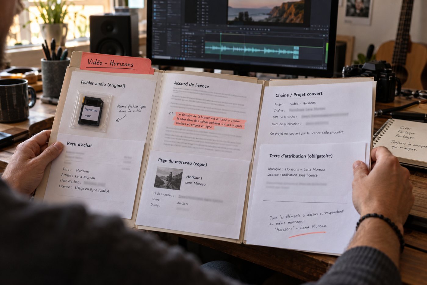 Dossier de preuves reliant un fichier musical précis à sa licence, son reçu, sa page d’origine et son texte d’attribution.