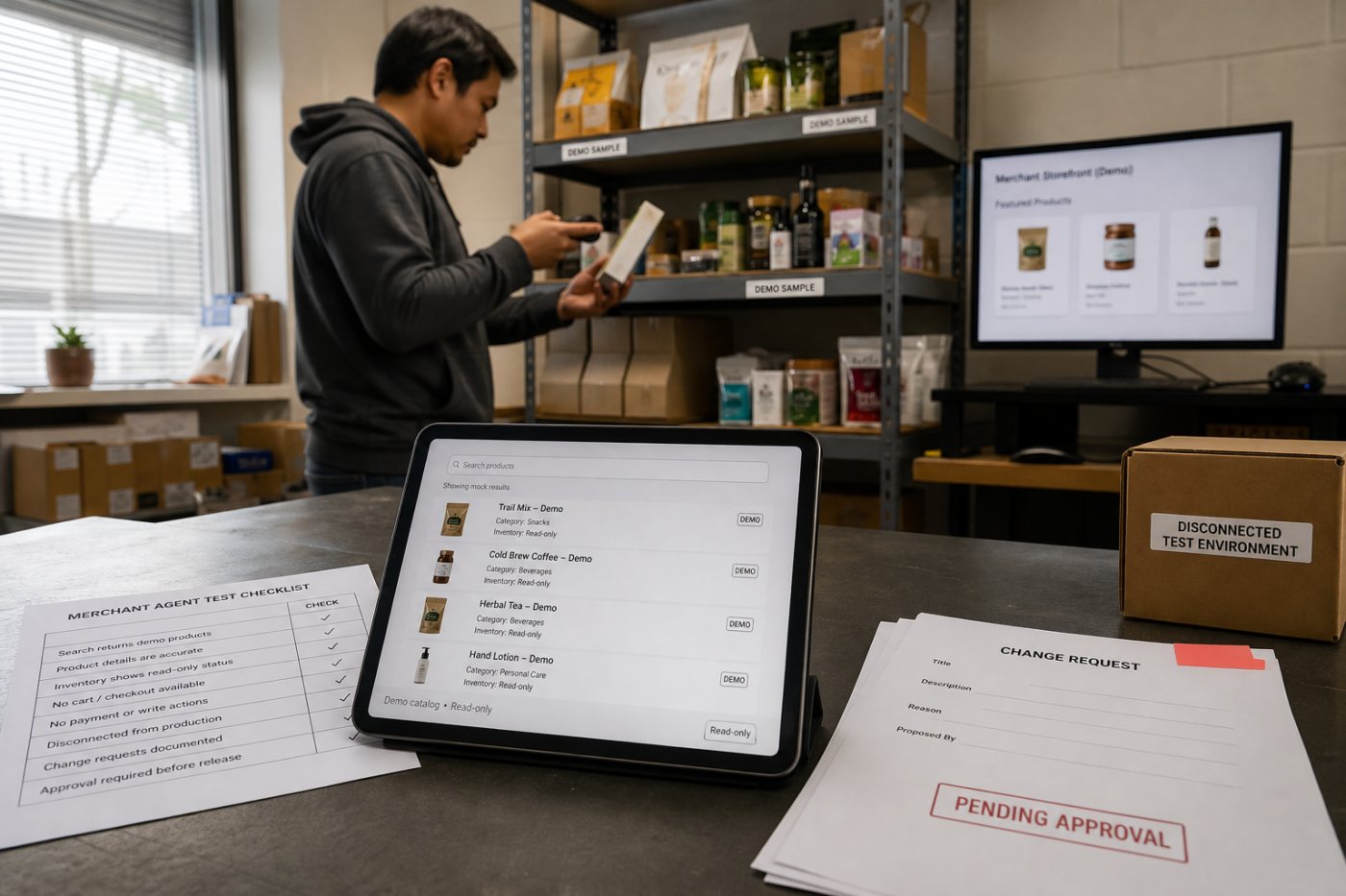 Pengujian Claude Commerce Agents memakai katalog fiktif dengan operasi tulis tetap nonaktif dan perubahan menunggu persetujuan.