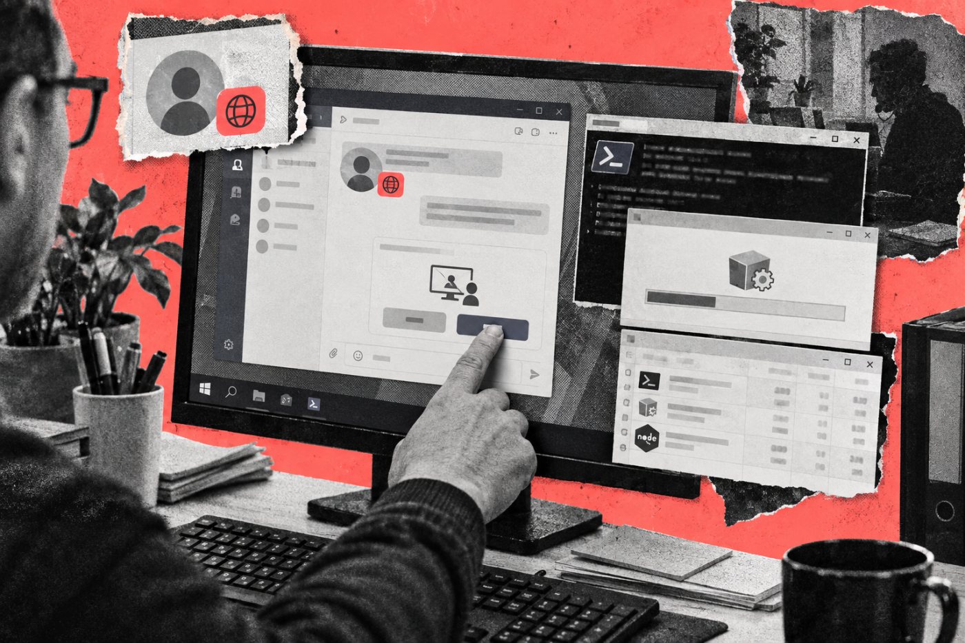 Ein externer Teams-Supportkontakt führt von der Fernsteuerungsfreigabe zur stillen MSI-Installation und Node.js-Ausführung.