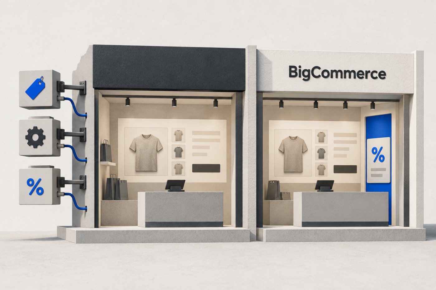 Shopify предлага разширяване чрез приложения, докато BigCommerce включва част от търговските функции в платформата.