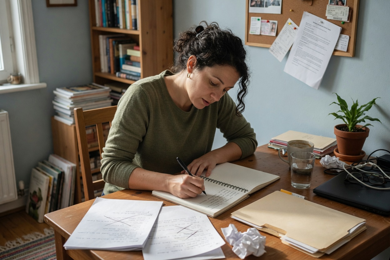Creator planning content strategy using a notebook and pen