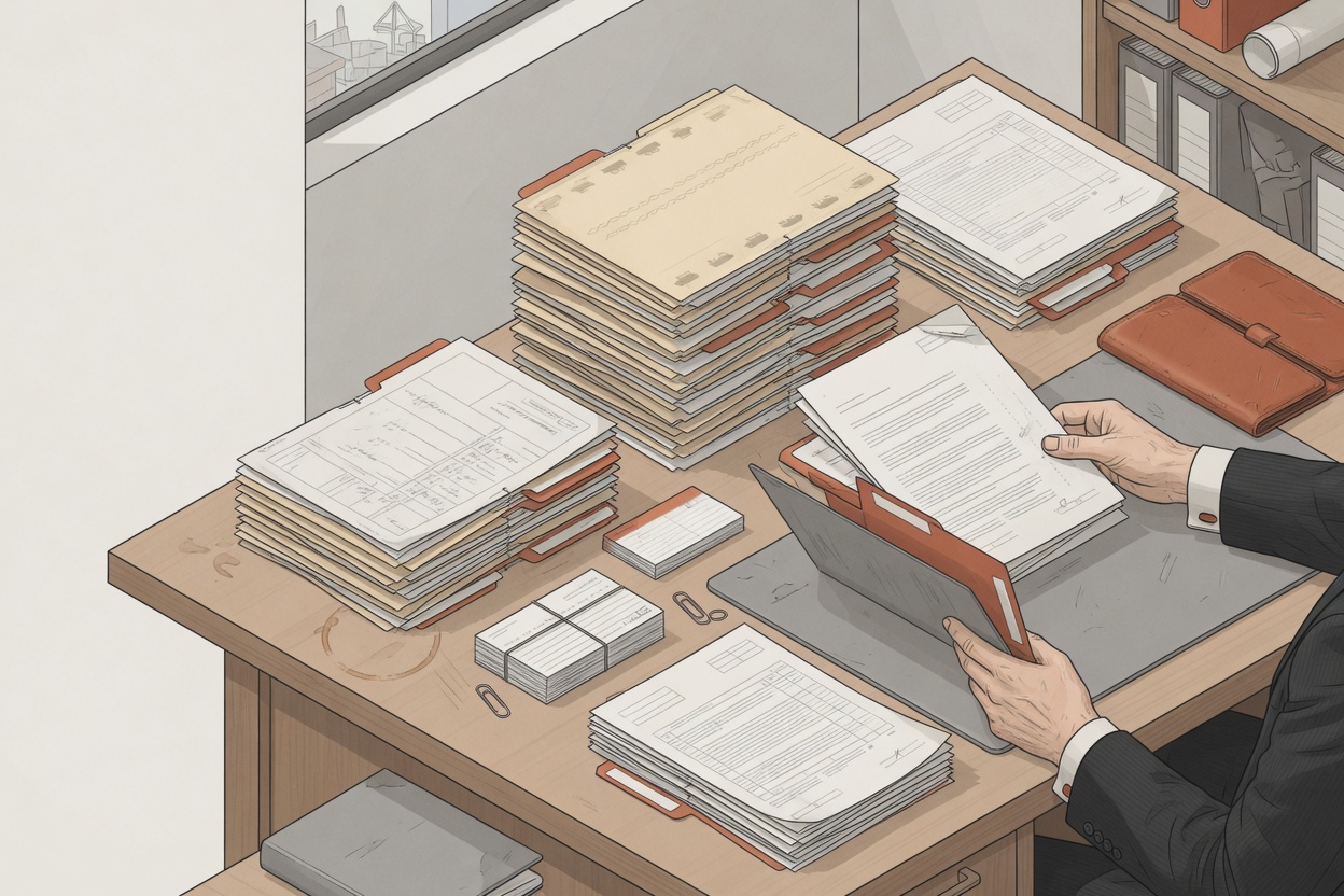 Executive handling physical documents on business challenges