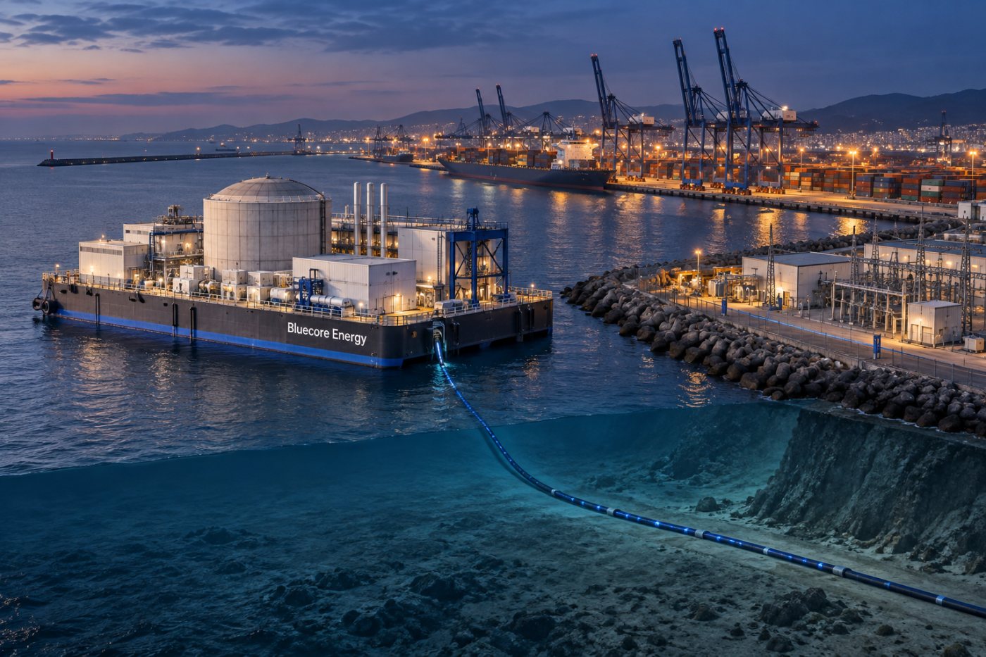 Bluecore Energy’nin yüzer reaktör platformundan liman altyapısına uzanan denizaltı elektrik bağlantısı