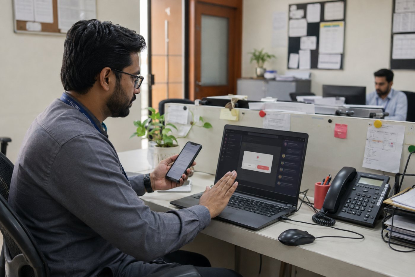 ملازم بیرونی Teams helpdesk درخواست پر control روک کر داخلی چینل سے ticket اور اہلکار کی تصدیق کر رہا ہے