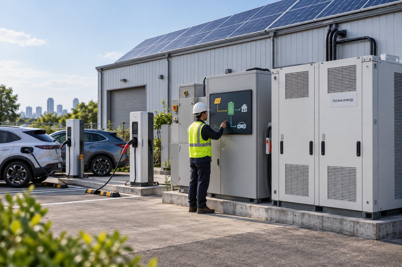 Commercial site-এ Octave.energy battery system ও energy-management process একসঙ্গে কাজ করছে