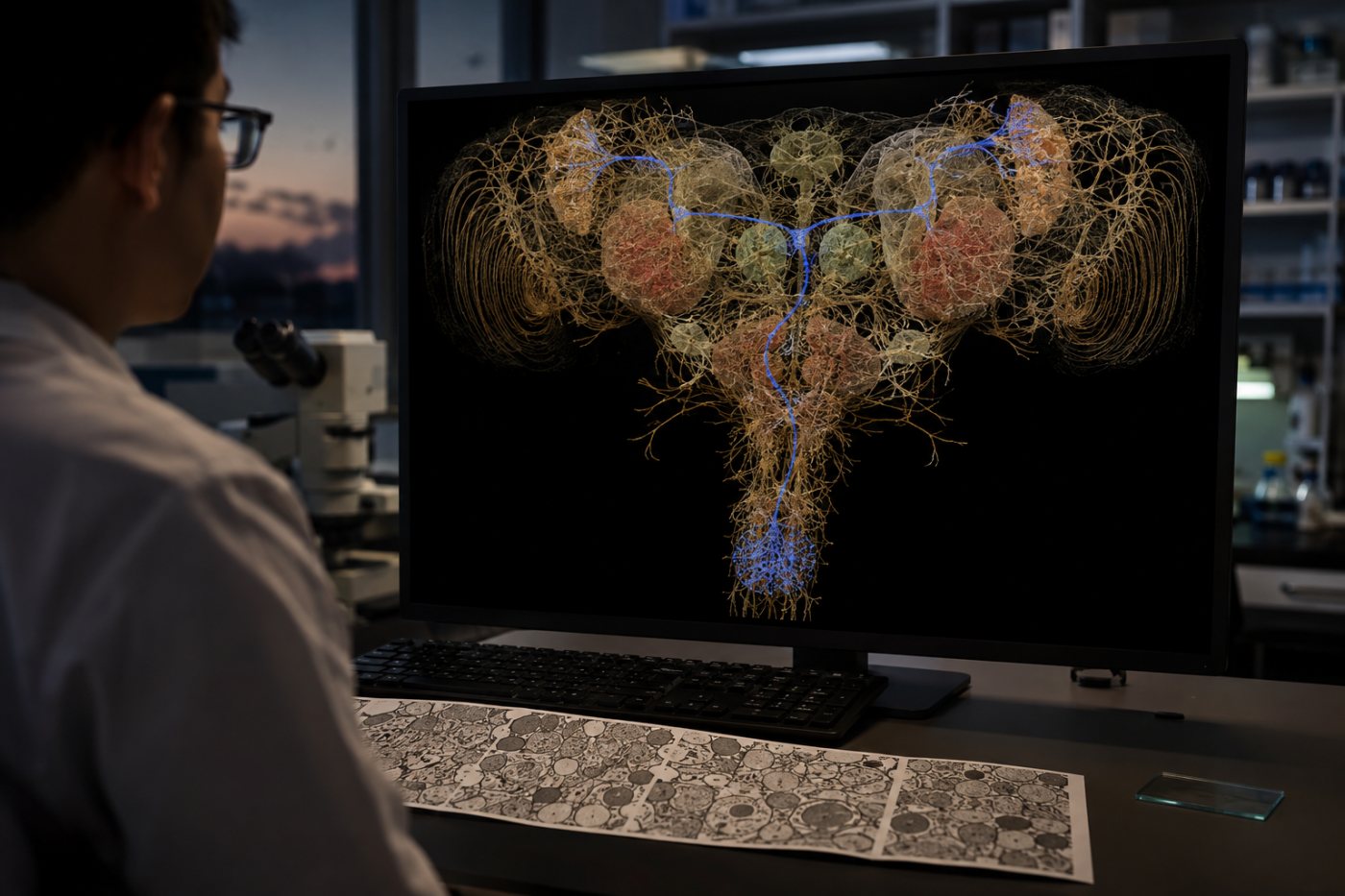 Jalur saraf Drosophila ditelusuri dari masukan sensorik melalui otak hingga rangkaian motorik.