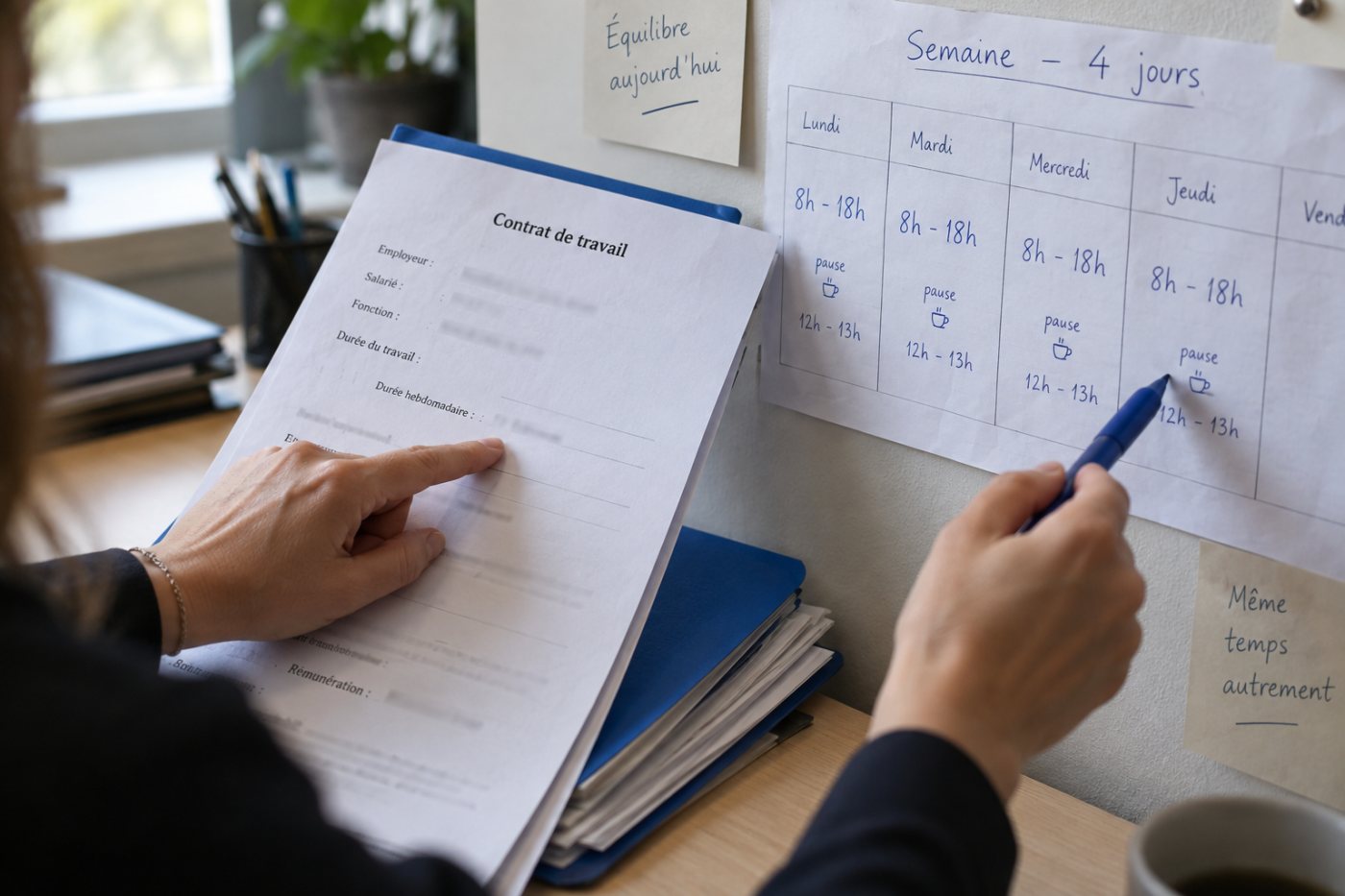 Comparaison entre la durée inscrite au contrat et quatre journées de travail comprimées.