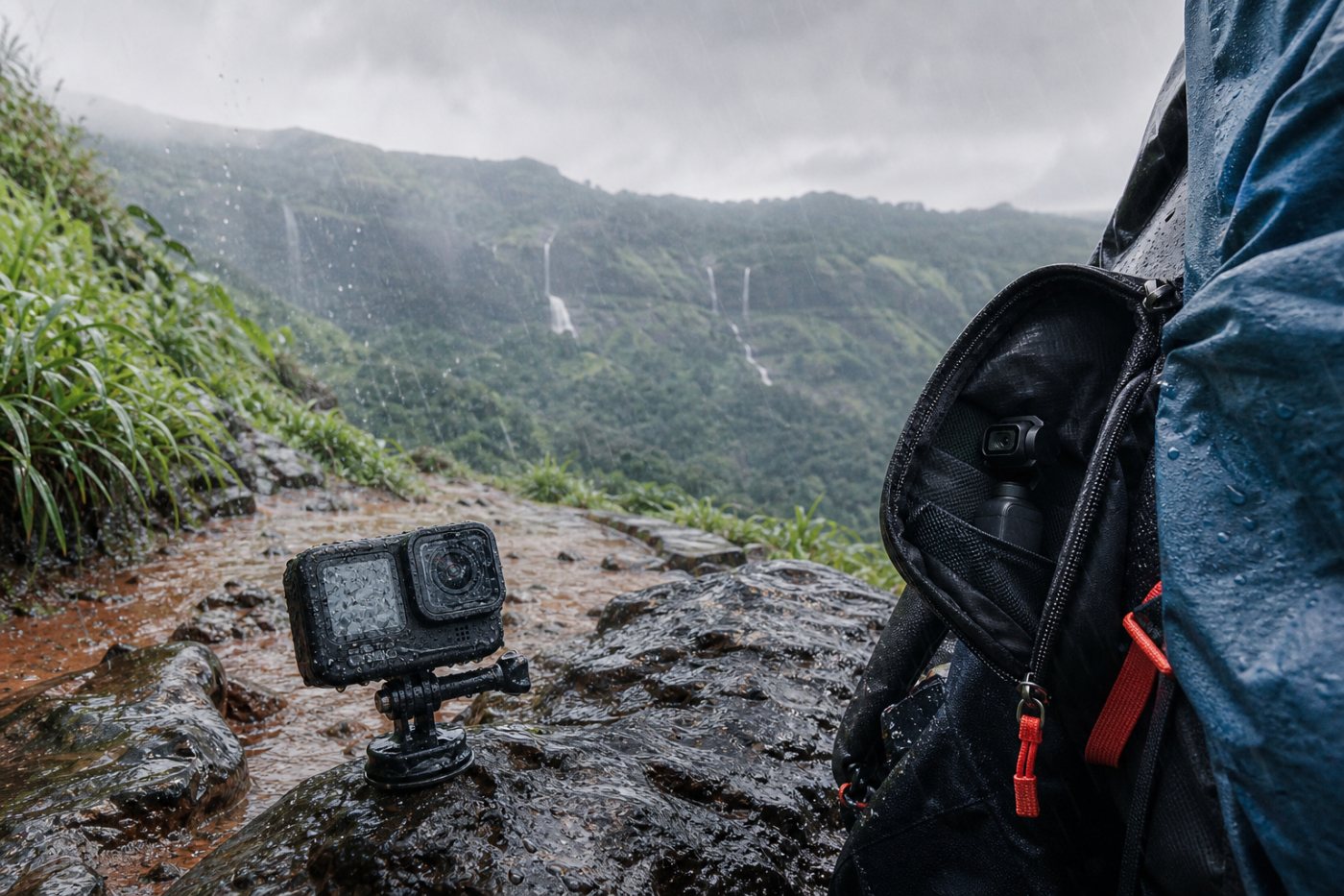 मानसून में रिकॉर्ड करती GoPro HERO13 Black और पानी से सुरक्षित रखा DJI Osmo Pocket 3