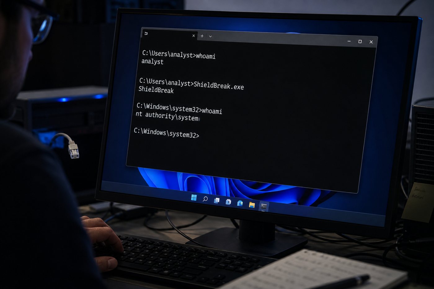 Le PoC ShieldBreak évalué sous Windows 11 25H2 passe d’une session utilisateur au contexte SYSTEM revendiqué.