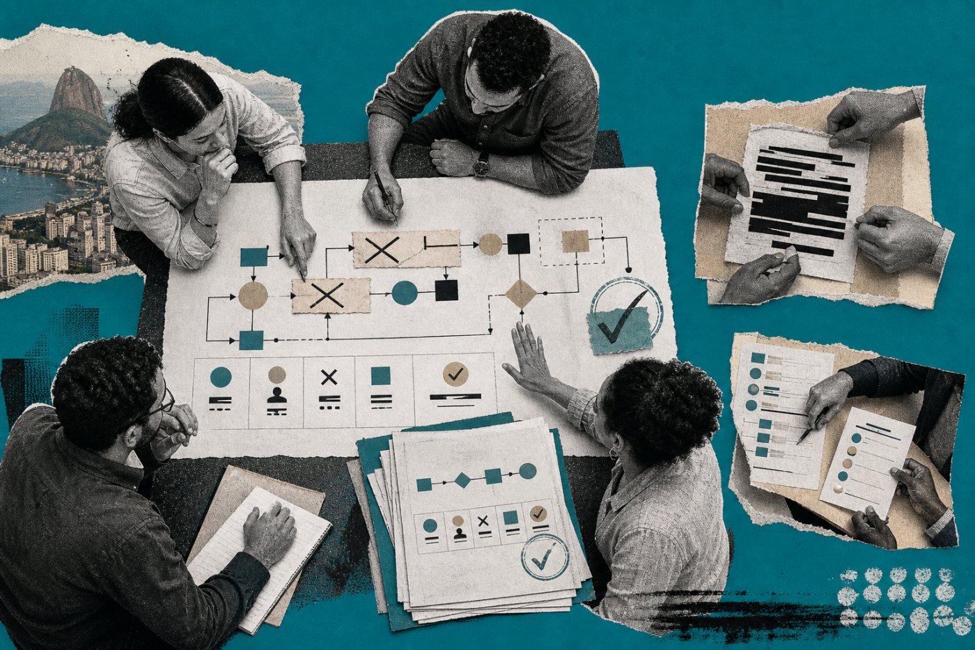 Equipe multidisciplinar revisa dados, riscos, supervisão humana e métricas antes de implementar uma solução de IA.