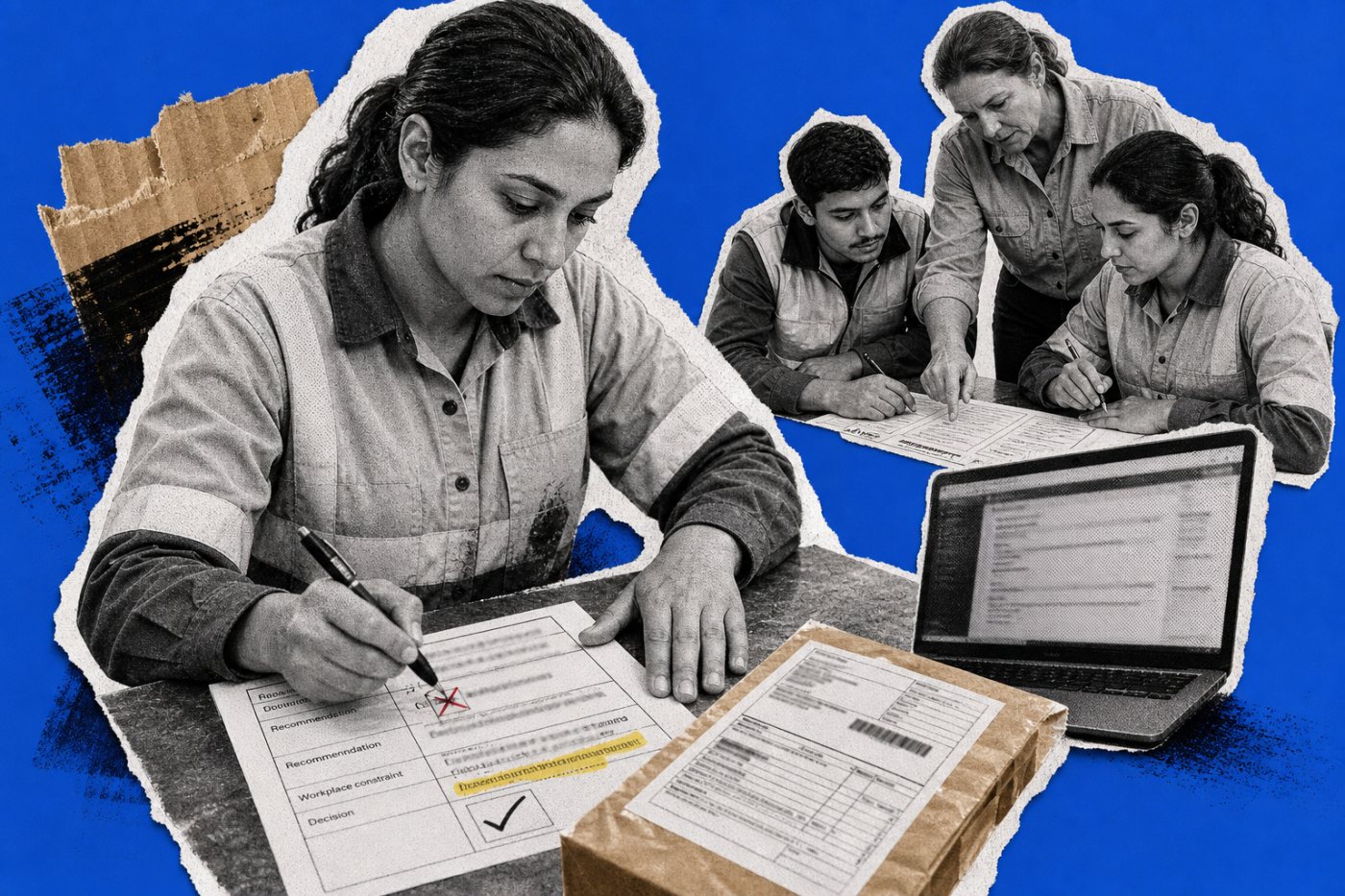 Employees practise role-specific AI tasks while a trainer assesses verification and human judgement.