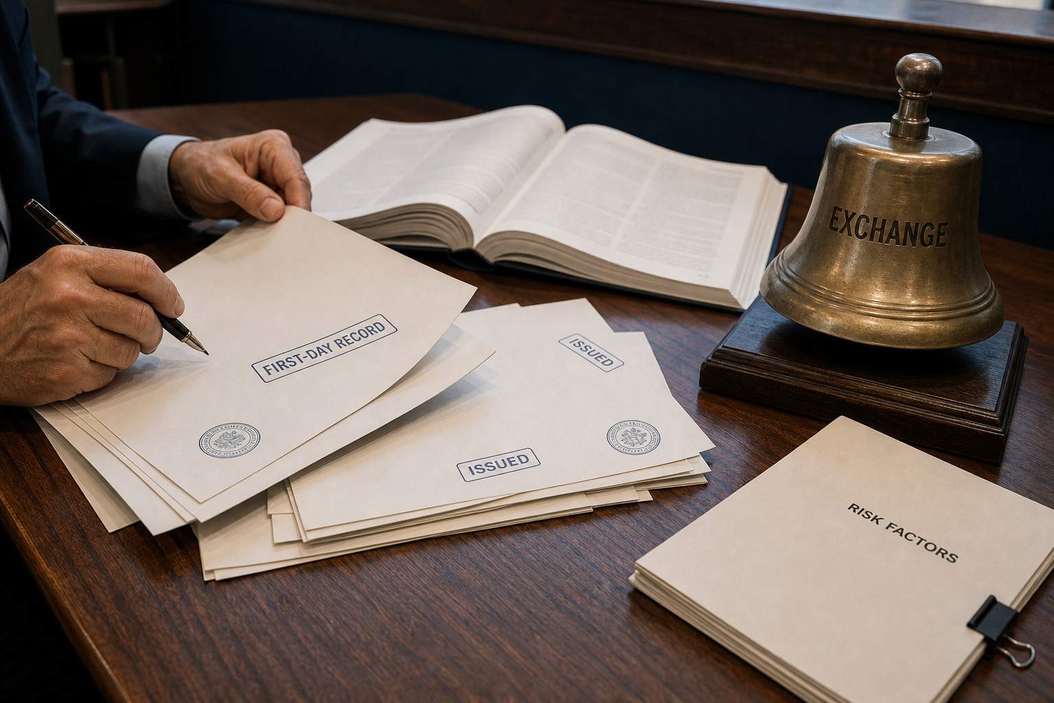 IPO offering documents beside a listing bell