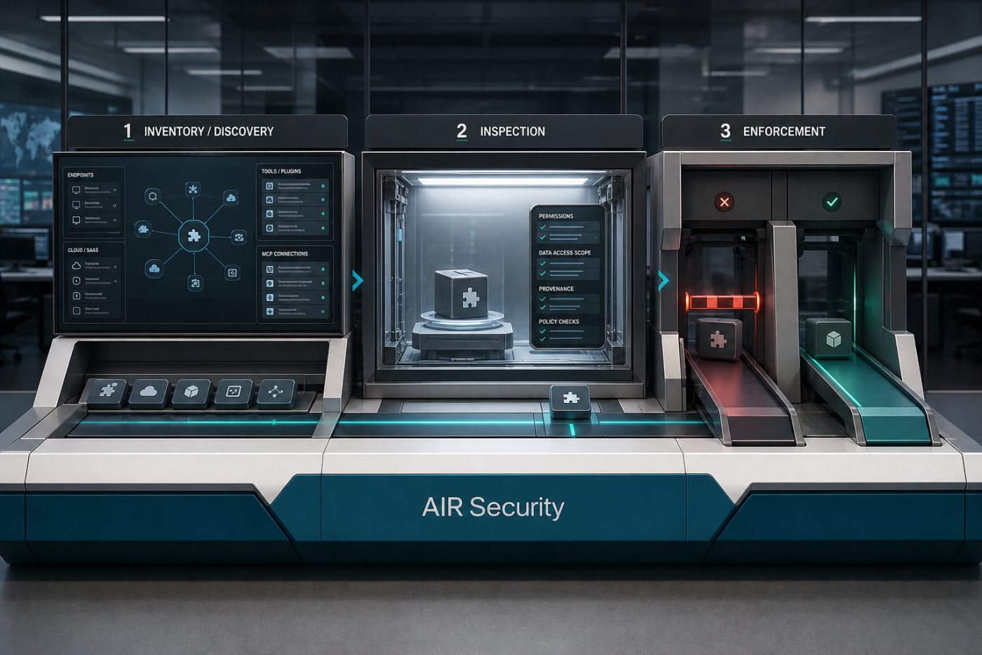 Quy trình AIR Security phát hiện agent, kiểm tra plugin và chặn yêu cầu không đạt chính sách trước khi thực thi.