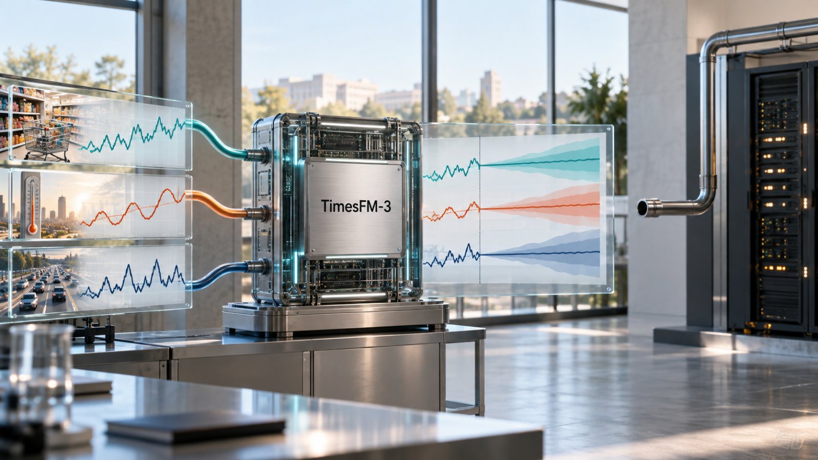 TimesFM-3 menangani banyak seri sekaligus—bobotnya dilarang untuk produksi