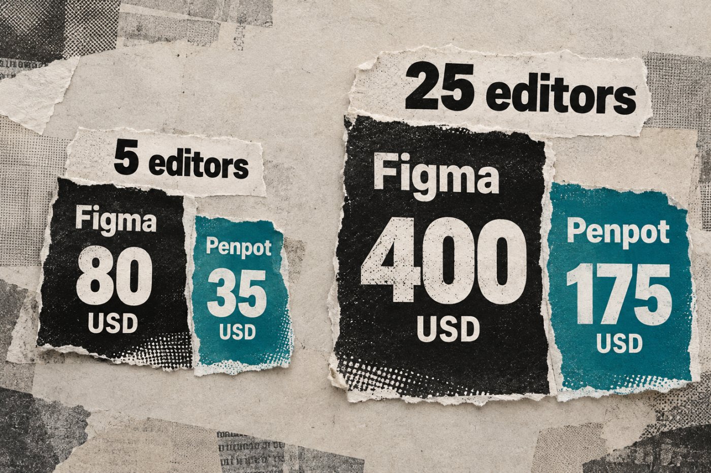„Figma“ ir „Penpot“ redaktorių vietų mėnesio kainos palyginimas penkių ir dvidešimt penkių redaktorių komandoms.