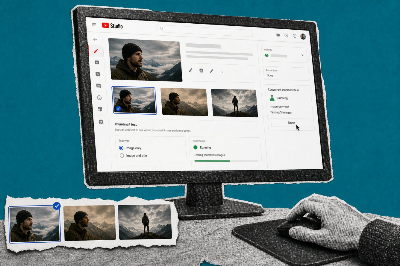 YouTube Studio میں ایک long-form ویڈیو کے لیے Thumbnail only test شروع کرنے کا عمل