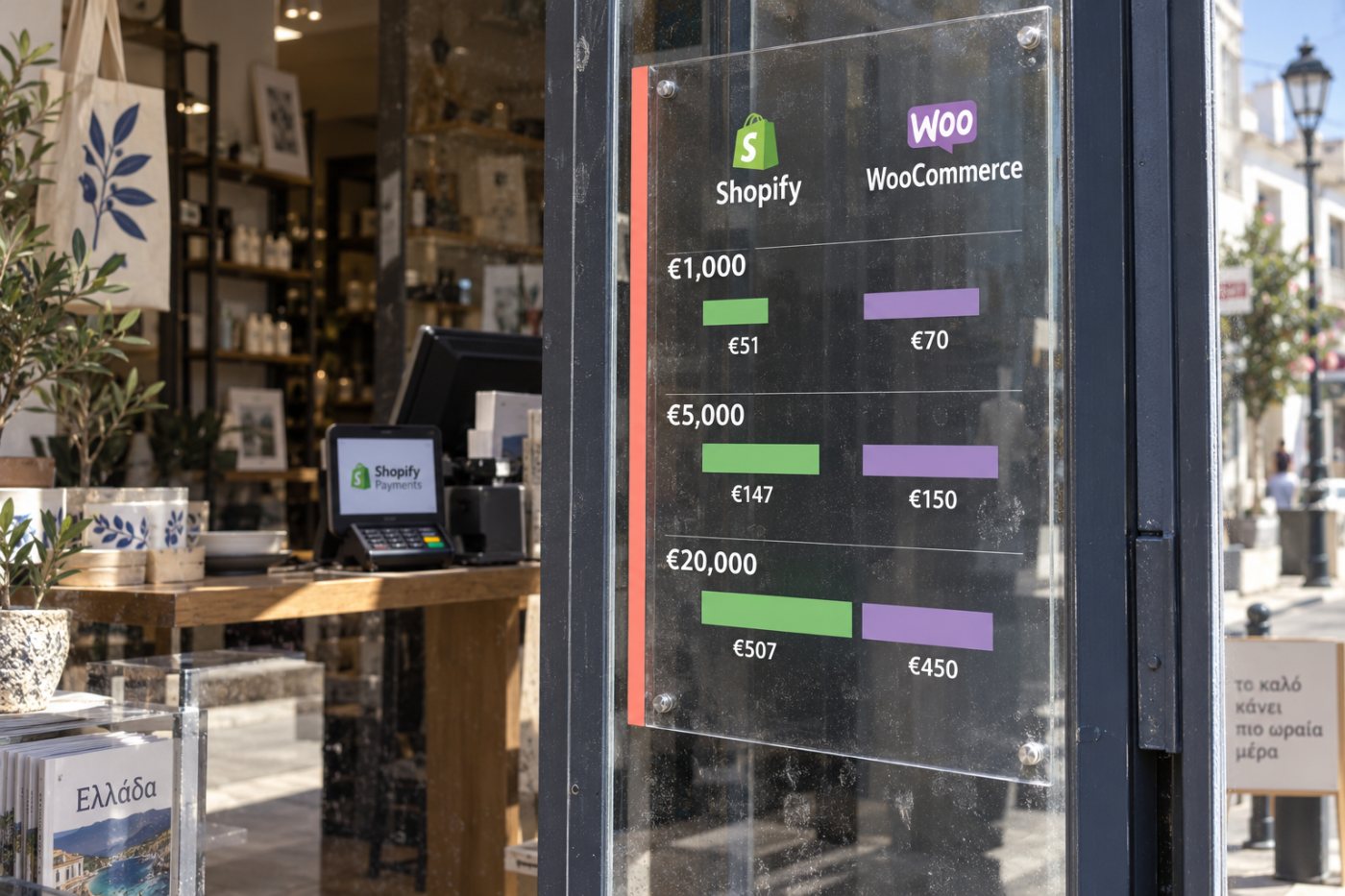 Υποθετική σύγκριση μηνιαίου κόστους Shopify και WooCommerce για τζίρο 1.000 €, 5.000 € και 20.000 € στην Ελλάδα.