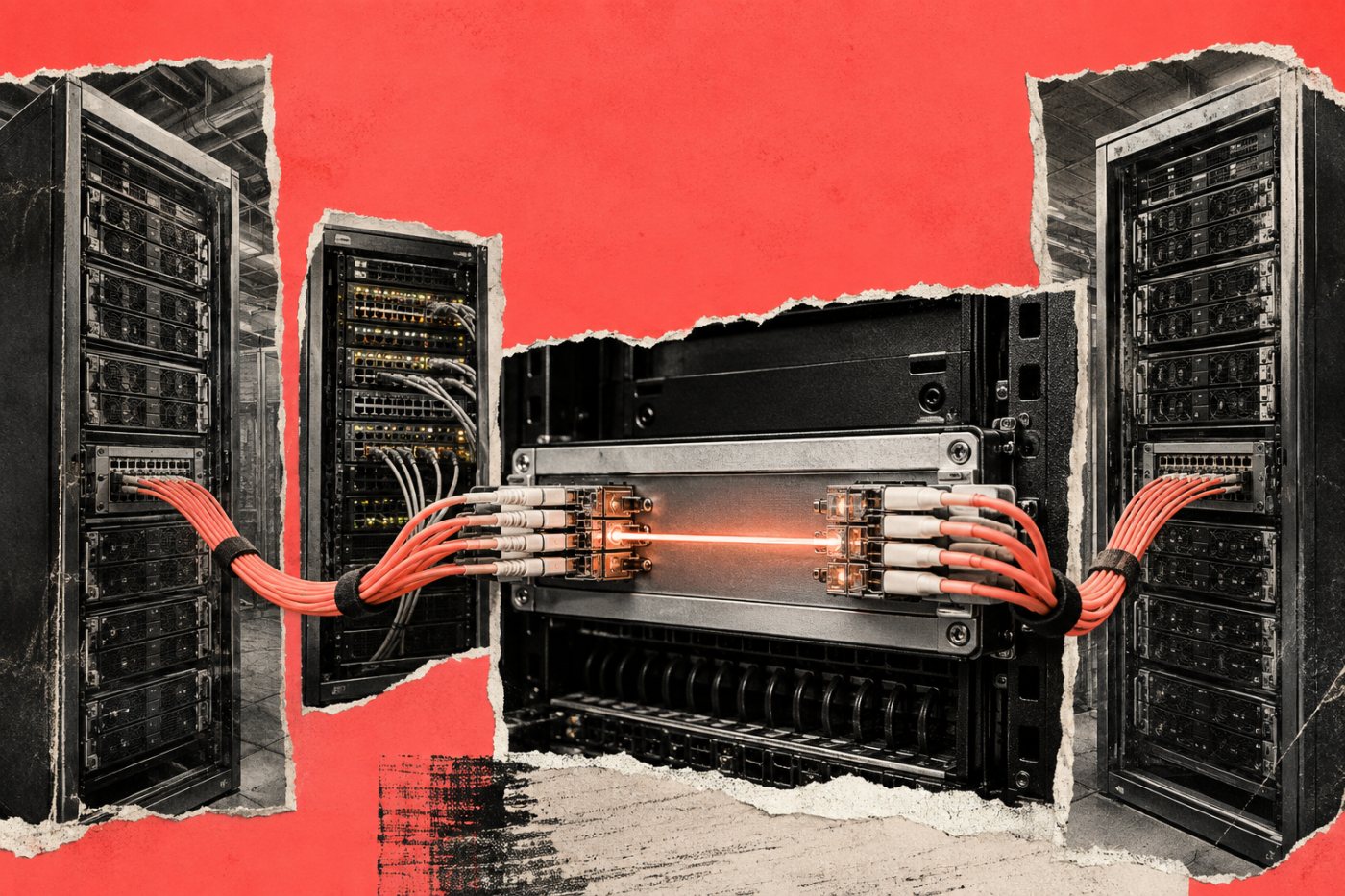 An optical circuit switch creates a direct connection between GPU racks alongside the existing electronic network.