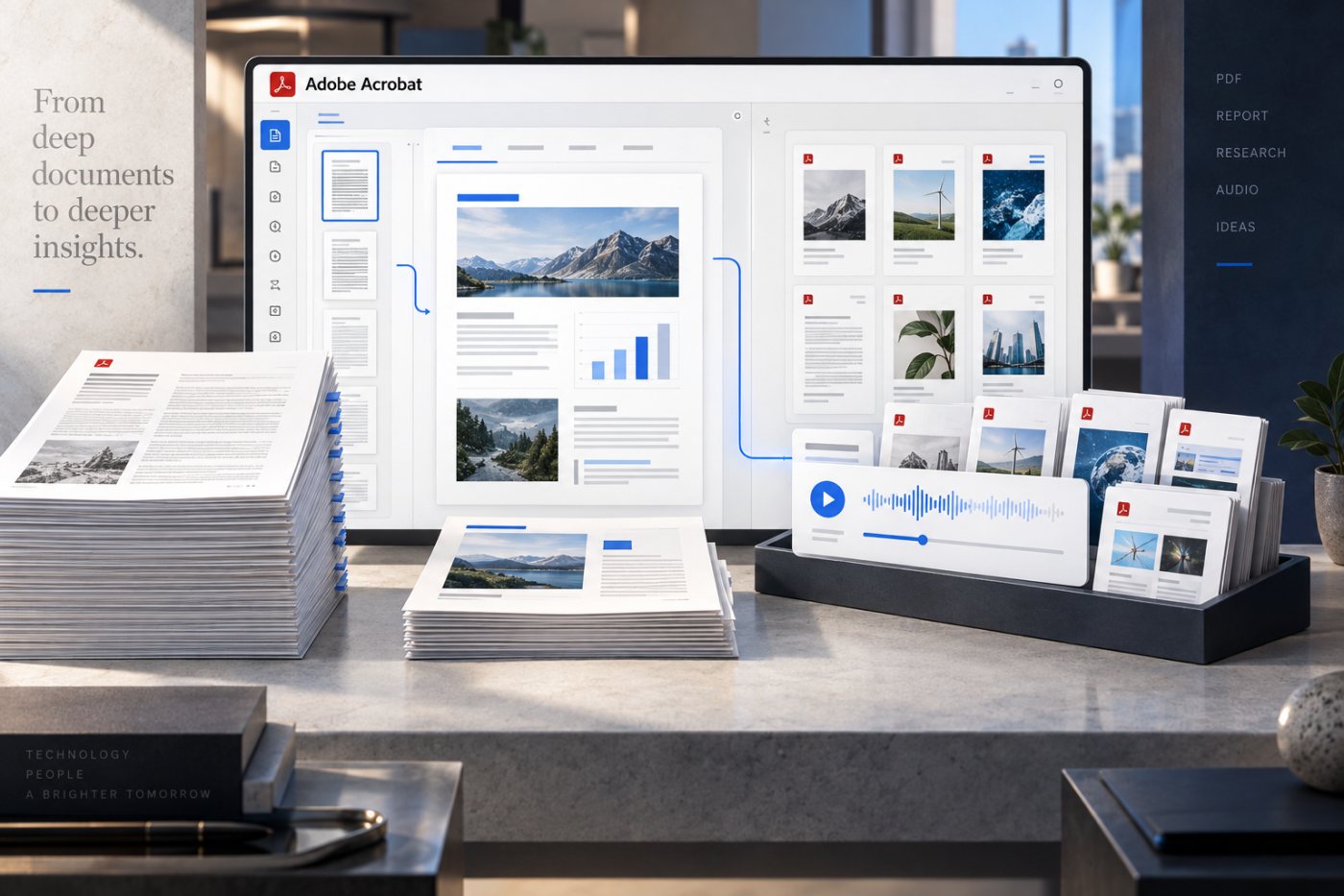 Adobe Acrobatで一本の長文PDFを要約スライドへ変換し、複数資料をPDF Spaceの音声概要用にまとめる工程