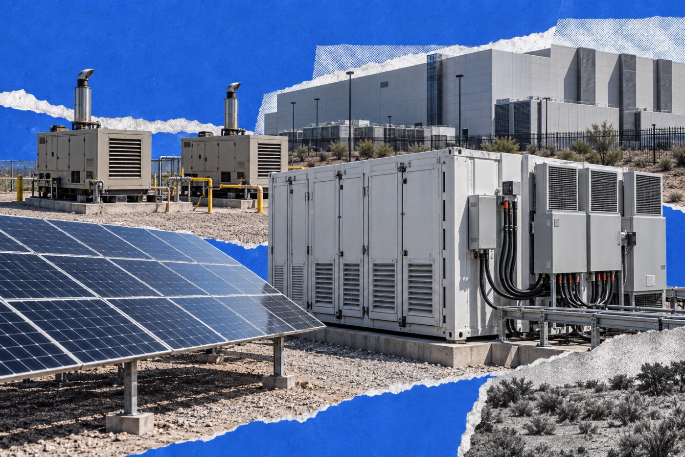 Sistem mandiri menggabungkan tenaga surya, baterai, dan generator gas cadangan untuk menjaga pusat data tetap beroperasi.