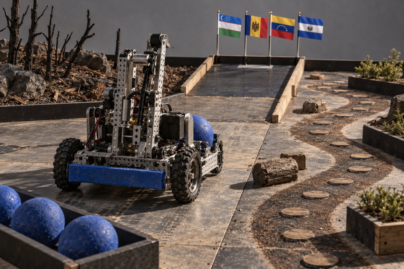 Робот на поле FIRST Global Challenge: финальный альянс и накопленный результат оценивались отдельно.