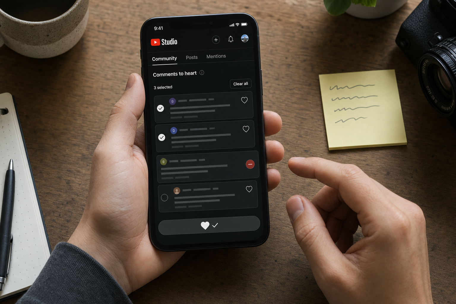 Creator reviewing suggested comments to heart in the YouTube Studio mobile app