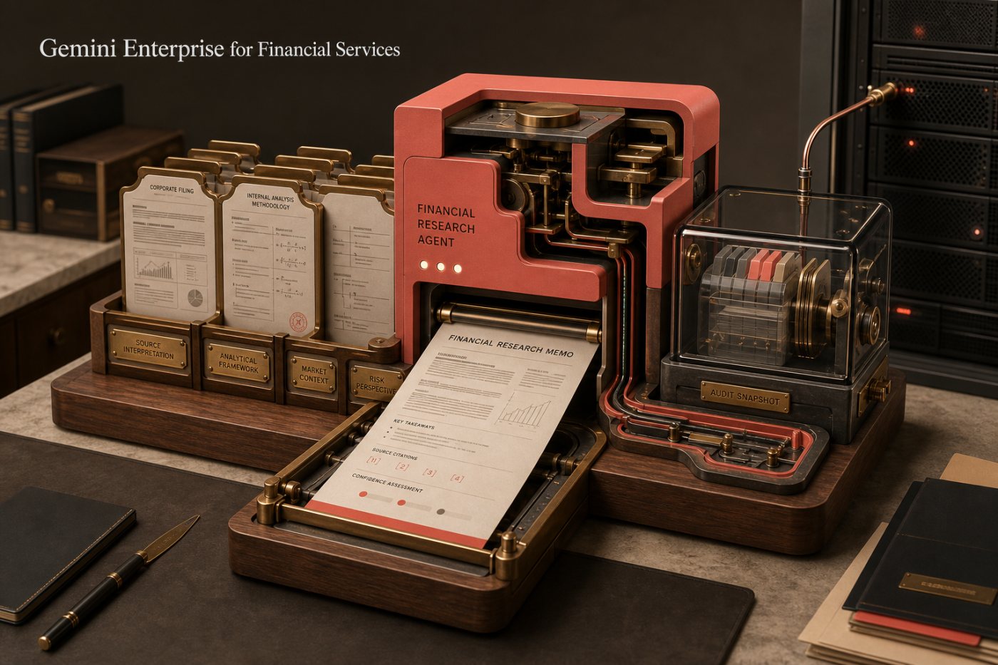 Agente de pesquisa do Gemini Enterprise transforma documentos financeiros em relatório estruturado com citações e dados para auditoria.