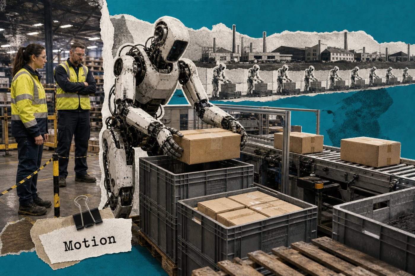 A humanoid robot loads goods into crates during one of Motion’s five Belgian pilots.