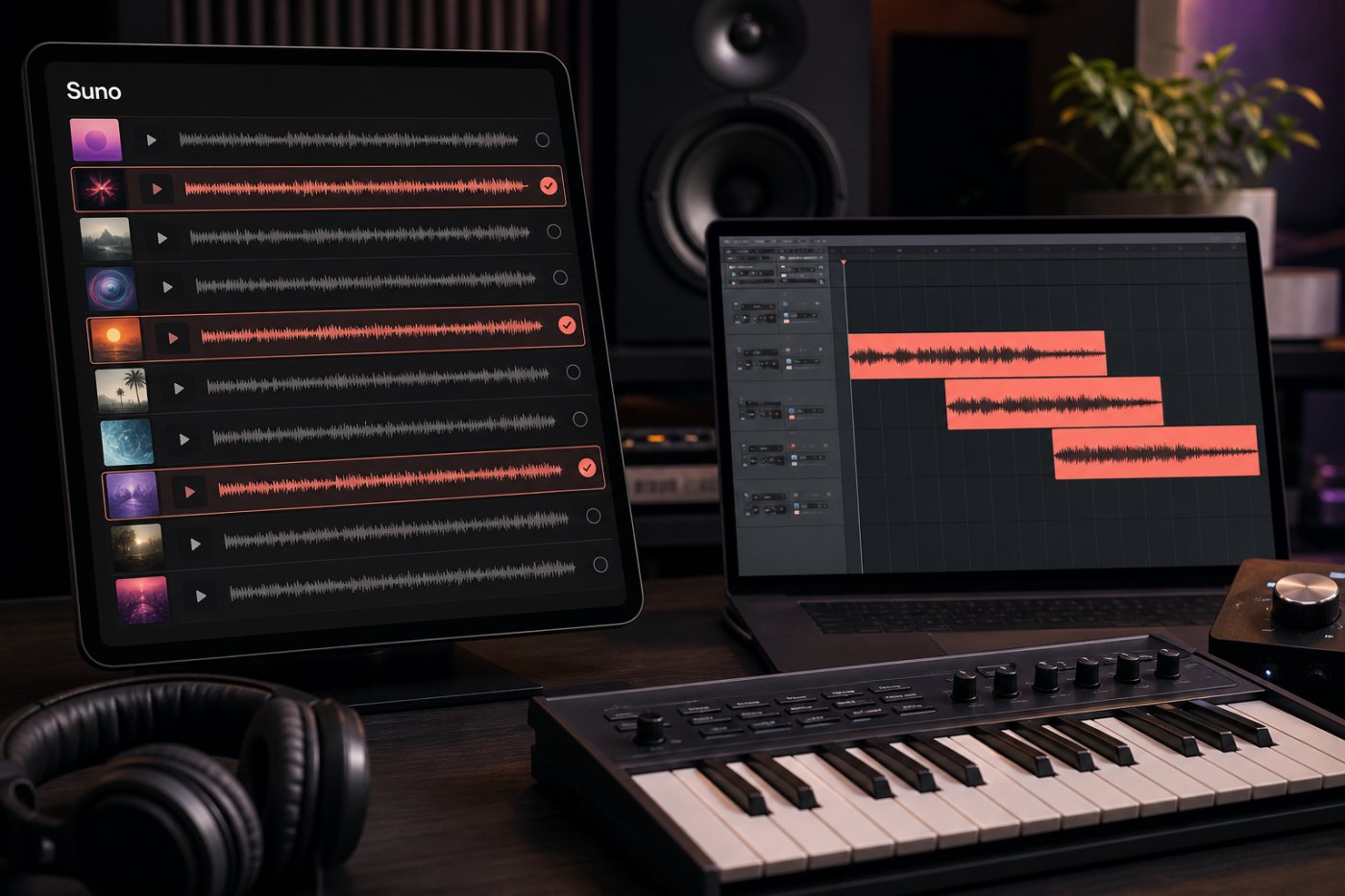 Sélection de quelques morceaux Suno finalisés parmi de nombreuses variantes avant leur exportation vers un logiciel audio.