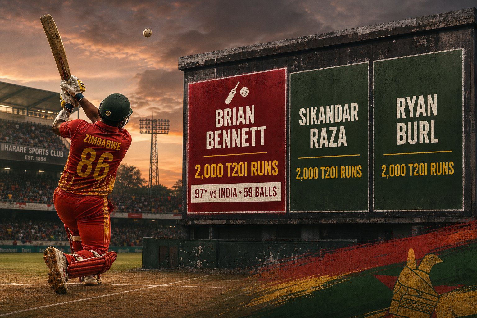 Brian Bennett, Sikandar Raza और Ryan Burl के 2,000 से अधिक T20I रन वाले Zimbabwe क्लब का सांख्यिकीय संदर्भ