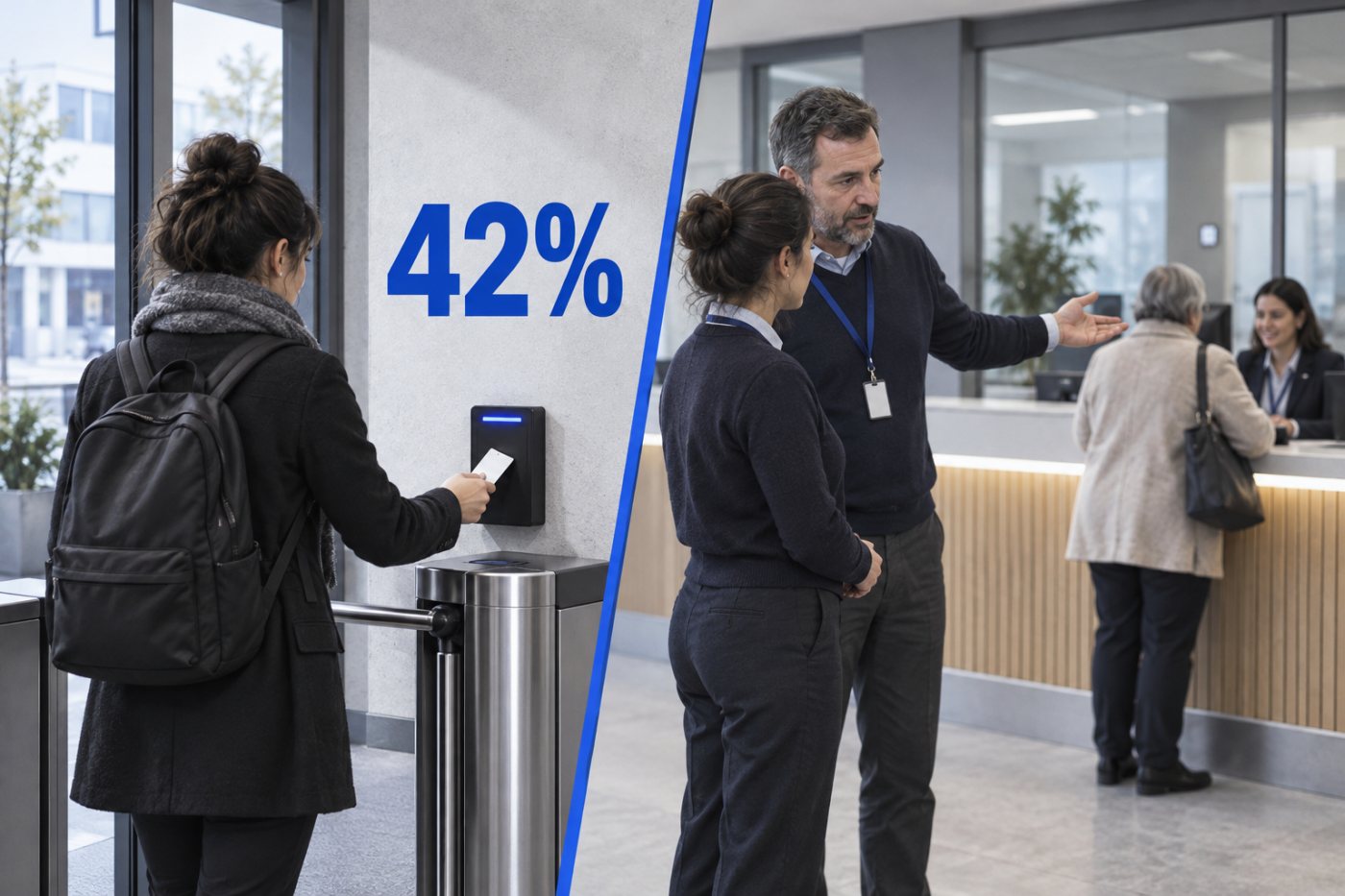 Een werknemer registreert de aankomst digitaal en krijgt daarna persoonlijk een taak toegewezen.